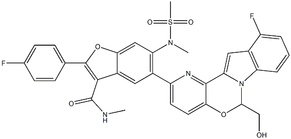 3-Benzofurancarboxamide,5-{11-fluoro-6-(hydroxymethyl)-6H-pyrido{2'3'5'6}{1,3}oxazino{3,4-a}indol-2-yl}-2-(4-fluorophenyl)-N-methyl-6-{methyl(methylsulfonyl)amino} 结构式