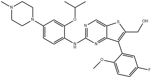 (7-(5-fluoro-2-methoxyphenyl)-2-((2-isopropoxy-4-(4-methylpiperazin-1-yl)phenyl)amino)thieno[3,2-d]pyrimidin-6-yl)methanol 结构式