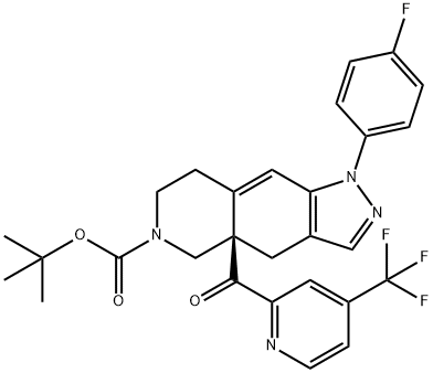 tert-butyl(R)-1-(4-fluorophenyl)-4a-(4-(trifluoromethyl)picolinoyl)-1,4,4a,5,7,8-hexahydro-6H-pyrazolo[3,4-g]isoquinoline-6-carboxylate 结构式