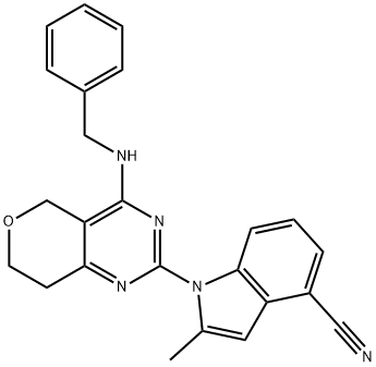 1-(4-(benzylamino)-7,8-dihydro-5H-pyrano[4,3-d]pyrimidin-2-yl)-2-methyl-1H-indole-4-carbonitrile 结构式