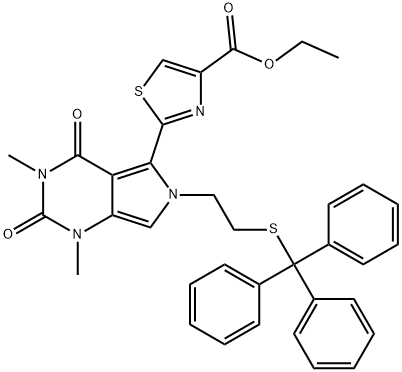 ethyl2-(1,3-dimethyl-2,4-dioxo-6-(2-(tritylthio)ethyl)-2,3,4,6-tetrahydro-1H-pyrrolo[3,4-d]pyrimidin-5-yl)thiazole-4-carboxylate 结构式
