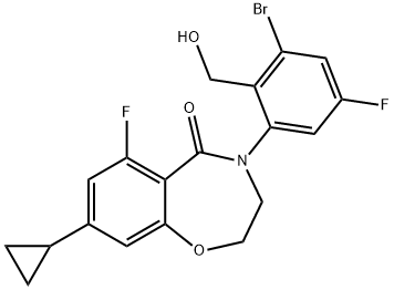 4-(3-溴-5-氟-2-羟甲基苯基)-8-环丙基-6-氟-3,4-二氢-1,4-苯并氧氮杂卓-5(2H)-酮 结构式
