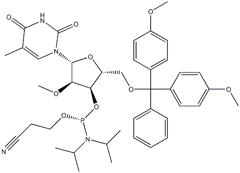 (R)-5'-O-[二(4-甲氧基苯基)苯基甲基]-5-甲基-2'-O-甲基尿苷 3'-[2-氰基乙基 二异丙基氨基亚磷酸酯] 结构式
