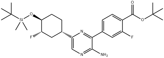 tert-butyl4-(3-amino-6-((1S,3S,4S)-4-((tert-butyldimethylsilyl)oxy)-3-fluorocyclohexyl)pyrazin-2-yl)-2-fluorobenzoate 结构式