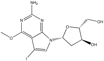(2R,3S,5R)-5-(2-amino-5-iodo-4-methoxy-7H-pyrrolo[2,3-d]pyrimidin-7-yl)-2-(hydroxymethyl)tetrahydrofuran-3-ol 结构式