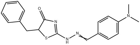 (2E)-5-benzyl-2-{(2E)-[4-(dimethylamino)benzylidene]hydrazinylidene}-1,3-thiazolidin-4-one 结构式