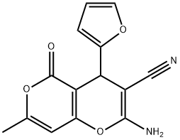 2-amino-4-(furan-2-yl)-7-methyl-5-oxo-4H,5H-pyrano[4,3-b]pyran-3-carbonitrile 结构式