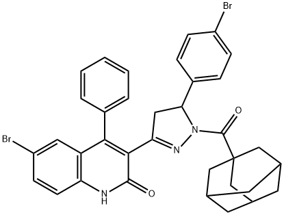 adamantan-1-yl(3-(6-bromo-2-hydroxy-4-phenylquinolin-3-yl)-5-(4-bromophenyl)-4,5-dihydro-1H-pyrazol-1-yl)methanone 结构式