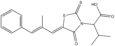 3-methyl-2-{(5Z)-5-[(2E)-2-methyl-3-phenylprop-2-en-1-ylidene]-4-oxo-2-thioxo-1,3-thiazolidin-3-yl}butanoic acid 结构式