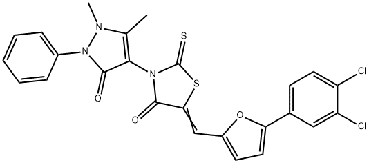 (5E)-5-{[5-(3,4-dichlorophenyl)furan-2-yl]methylidene}-3-(1,5-dimethyl-3-oxo-2-phenyl-2,3-dihydro-1H-pyrazol-4-yl)-2-thioxo-1,3-thiazolidin-4-one 结构式