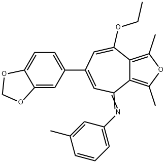 (E)-N-(6-(benzo[d][1,3]dioxol-5-yl)-8-ethoxy-1,3-dimethyl-4H-cyclohepta[c]furan-4-ylidene)-3-methylaniline 结构式