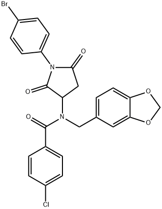 N-(1,3-benzodioxol-5-ylmethyl)-N-[1-(4-bromophenyl)-2,5-dioxopyrrolidin-3-yl]-4-chlorobenzamide 结构式