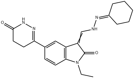 (3Z)-3-[(2-cyclohexylidenehydrazinyl)methylidene]-1-ethyl-5-(6-oxo-1,4,5,6-tetrahydropyridazin-3-yl)-1,3-dihydro-2H-indol-2-one 结构式