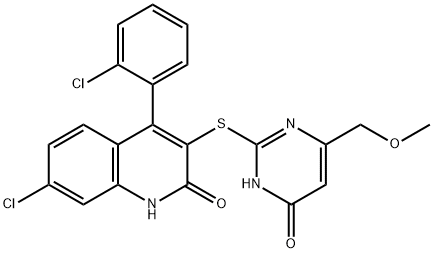 7-chloro-4-(2-chlorophenyl)-3-{[4-hydroxy-6-(methoxymethyl)pyrimidin-2-yl]sulfanyl}quinolin-2-ol 结构式