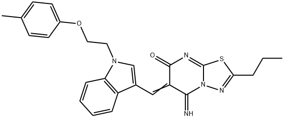 (6Z)-5-imino-6-({1-[2-(4-methylphenoxy)ethyl]-1H-indol-3-yl}methylidene)-2-propyl-5,6-dihydro-7H-[1,3,4]thiadiazolo[3,2-a]pyrimidin-7-one 结构式