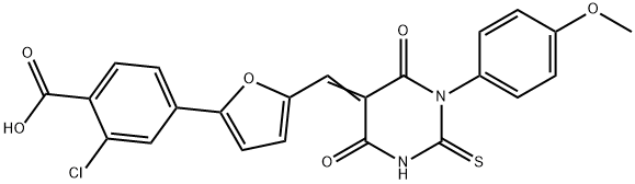 (Z)-2-chloro-4-(5-((1-(4-methoxyphenyl)-4,6-dioxo-2-thioxotetrahydropyrimidin-5(2H)-ylidene)methyl)furan-2-yl)benzoic acid 结构式