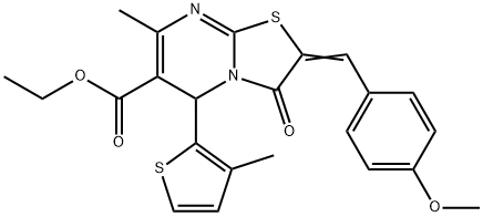 ethyl (2E)-2-(4-methoxybenzylidene)-7-methyl-5-(3-methylthiophen-2-yl)-3-oxo-2,3-dihydro-5H-[1,3]thiazolo[3,2-a]pyrimidine-6-carboxylate 结构式