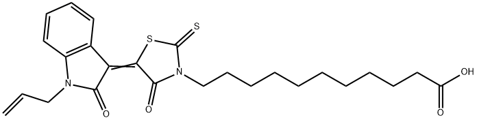 11-{(5Z)-4-oxo-5-[2-oxo-1-(prop-2-en-1-yl)-1,2-dihydro-3H-indol-3-ylidene]-2-thioxo-1,3-thiazolidin-3-yl}undecanoic acid 结构式