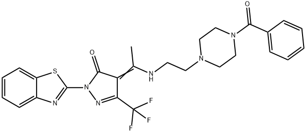 (4E)-2-(1,3-benzothiazol-2-yl)-4-[1-({2-[4-(phenylcarbonyl)piperazin-1-yl]ethyl}amino)ethylidene]-5-(trifluoromethyl)-2,4-dihydro-3H-pyrazol-3-one 结构式