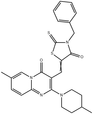 3-[(3-benzyl-4-oxo-2-thioxo-1,3-thiazolidin-5-ylidene)methyl]-7-methyl-2-(4-methyl-1-piperidinyl)-4H-pyrido[1,2-a]pyrimidin-4-one 结构式