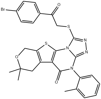 1-((2-(4-bromophenyl)-2-oxoethyl)thio)-7,7-dimethyl-4-(o-tolyl)-6,7-dihydro-4H-pyrano[4',3':4,5]thieno[3,2-e][1,2,4]triazolo[4,3-a]pyrimidin-5(9H)-one 结构式