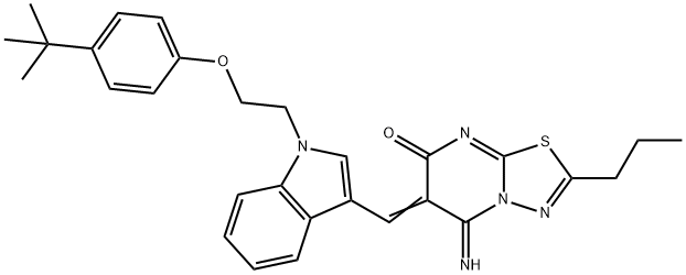 (6Z)-6-({1-[2-(4-tert-butylphenoxy)ethyl]-1H-indol-3-yl}methylidene)-5-imino-2-propyl-5,6-dihydro-7H-[1,3,4]thiadiazolo[3,2-a]pyrimidin-7-one 结构式