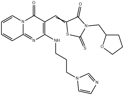 2-{[3-(1H-imidazol-1-yl)propyl]amino}-3-{[4-oxo-3-(tetrahydro-2-furanylmethyl)-2-thioxo-1,3-thiazolidin-5-ylidene]methyl}-4H-pyrido[1,2-a]pyrimidin-4-one 结构式