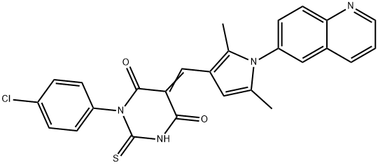 (5E)-1-(4-chlorophenyl)-5-{[2,5-dimethyl-1-(quinolin-6-yl)-1H-pyrrol-3-yl]methylidene}-2-thioxodihydropyrimidine-4,6(1H,5H)-dione 结构式