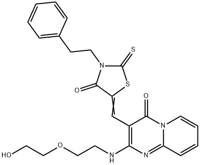 2-{[2-(2-hydroxyethoxy)ethyl]amino}-3-{[4-oxo-3-(2-phenylethyl)-2-thioxo-1,3-thiazolidin-5-ylidene]methyl}-4H-pyrido[1,2-a]pyrimidin-4-one 结构式