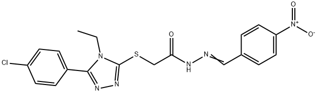 2-{[5-(4-chlorophenyl)-4-ethyl-4H-1,2,4-triazol-3-yl]sulfanyl}-N'-[(E)-(4-nitrophenyl)methylidene]acetohydrazide 结构式