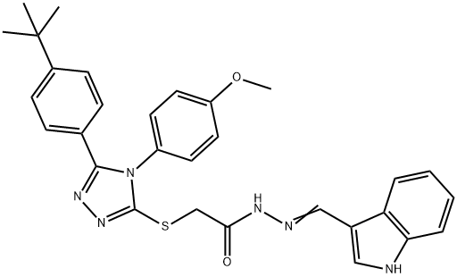 2-{[5-(4-tert-butylphenyl)-4-(4-methoxyphenyl)-4H-1,2,4-triazol-3-yl]sulfanyl}-N'-[(E)-1H-indol-3-ylmethylidene]acetohydrazide 结构式