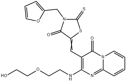 3-{[3-(2-furylmethyl)-4-oxo-2-thioxo-1,3-thiazolidin-5-ylidene]methyl}-2-{[2-(2-hydroxyethoxy)ethyl]amino}-4H-pyrido[1,2-a]pyrimidin-4-one 结构式