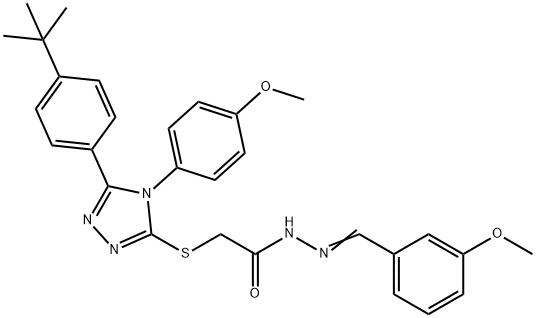 2-{[5-(4-tert-butylphenyl)-4-(4-methoxyphenyl)-4H-1,2,4-triazol-3-yl]sulfanyl}-N'-[(E)-(3-methoxyphenyl)methylidene]acetohydrazide 结构式