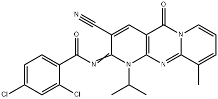 2,4-dichloro-N-(3-cyano-1-isopropyl-10-methyl-5-oxo-1,5-dihydro-2H-dipyrido[1,2-a:2,3-d]pyrimidin-2-ylidene)benzamide 结构式