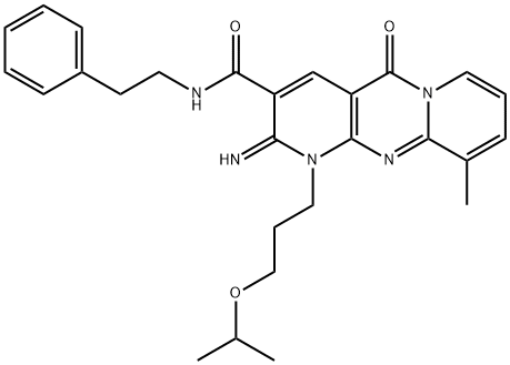 2-imino-10-methyl-5-oxo-N-(2-phenylethyl)-1-[3-(propan-2-yloxy)propyl]-1,5-dihydro-2H-dipyrido[1,2-a:2',3'-d]pyrimidine-3-carboxamide 结构式