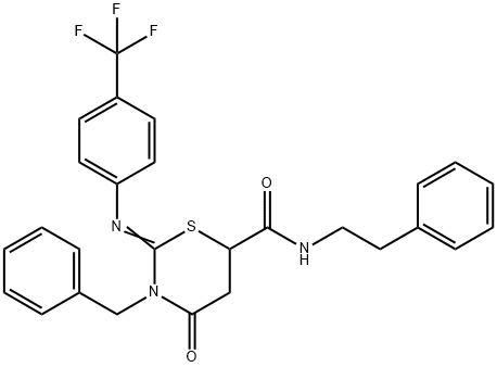 (2Z)-3-benzyl-4-oxo-N-(2-phenylethyl)-2-{[4-(trifluoromethyl)phenyl]imino}-1,3-thiazinane-6-carboxamide 结构式