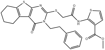 methyl 2-(2-((4-oxo-3-phenethyl-3,4,5,6,7,8-hexahydrobenzo[4,5]thieno[2,3-d]pyrimidin-2-yl)thio)acetamido)thiophene-3-carboxylate 结构式