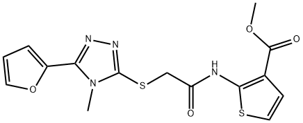 methyl 2-(2-((5-(furan-2-yl)-4-methyl-4H-1,2,4-triazol-3-yl)thio)acetamido)thiophene-3-carboxylate 结构式