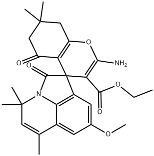 ethyl 2-amino-8'-methoxy-4',4',6',7,7-pentamethyl-2',5-dioxo-5,6,7,8-tetrahydro-4'H-spiro[chromene-4,1'-pyrrolo[3,2,1-ij]quinoline]-3-carboxylate 结构式