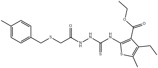 ethyl 4-ethyl-5-methyl-2-(2-(2-((4-methylbenzyl)thio)acetyl)hydrazinecarbothioamido)thiophene-3-carboxylate 结构式