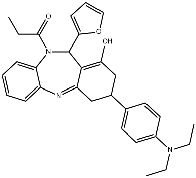 1-(3-(4-(diethylamino)phenyl)-11-(furan-2-yl)-1-hydroxy-3,4-dihydro-2H-dibenzo[b,e][1,4]diazepin-10(11H)-yl)propan-1-one 结构式