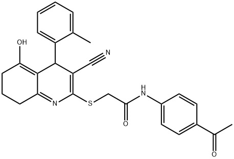 N-(4-acetylphenyl)-2-((3-cyano-5-hydroxy-4-(o-tolyl)-4,6,7,8-tetrahydroquinolin-2-yl)thio)acetamide 结构式