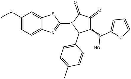 (E)-4-(furan-2-yl(hydroxy)methylene)-1-(6-methoxybenzo[d]thiazol-2-yl)-5-(p-tolyl)pyrrolidine-2,3-dione 结构式