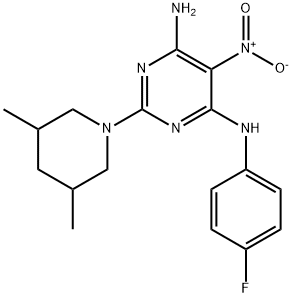 2-(3,5-dimethylpiperidin-1-yl)-N-(4-fluorophenyl)-5-nitropyrimidine-4,6-diamine 结构式