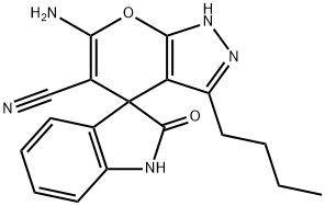 6'-amino-3'-butyl-2-oxo-1,2-dihydro-2'H-spiro[indole-3,4'-pyrano[2,3-c]pyrazole]-5'-carbonitrile 结构式