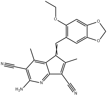 (5Z)-2-amino-5-[(6-ethoxy-1,3-benzodioxol-5-yl)methylidene]-4,6-dimethyl-5H-cyclopenta[b]pyridine-3,7-dicarbonitrile 结构式