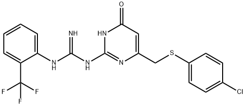 1-(6-{[(4-chlorophenyl)sulfanyl]methyl}-4-oxo-1,4-dihydropyrimidin-2-yl)-3-[2-(trifluoromethyl)phenyl]guanidine 结构式