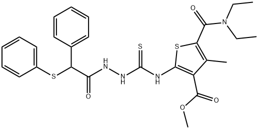 methyl 5-(diethylcarbamoyl)-4-methyl-2-(2-(2-phenyl-2-(phenylthio)acetyl)hydrazinecarbothioamido)thiophene-3-carboxylate 结构式