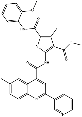 methyl 5-((2-methoxyphenyl)carbamoyl)-4-methyl-2-(6-methyl-2-(pyridin-3-yl)quinoline-4-carboxamido)thiophene-3-carboxylate 结构式