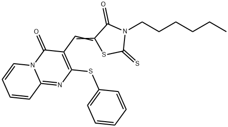 3-[(Z)-(3-hexyl-4-oxo-2-thioxo-1,3-thiazolidin-5-ylidene)methyl]-2-(phenylsulfanyl)-4H-pyrido[1,2-a]pyrimidin-4-one 结构式